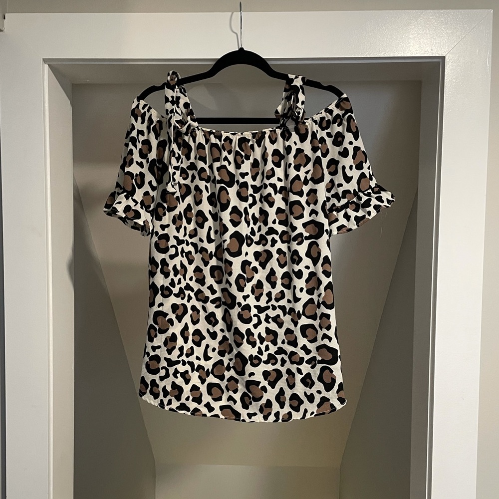 Leopard Ruffle Cold Shoulder Top